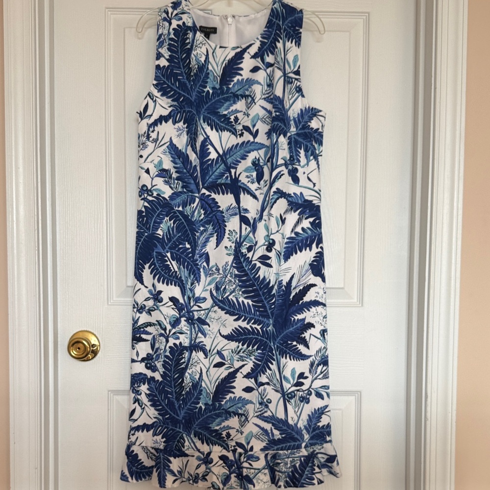 Talbots Blue and White Palm Print Midi Dress